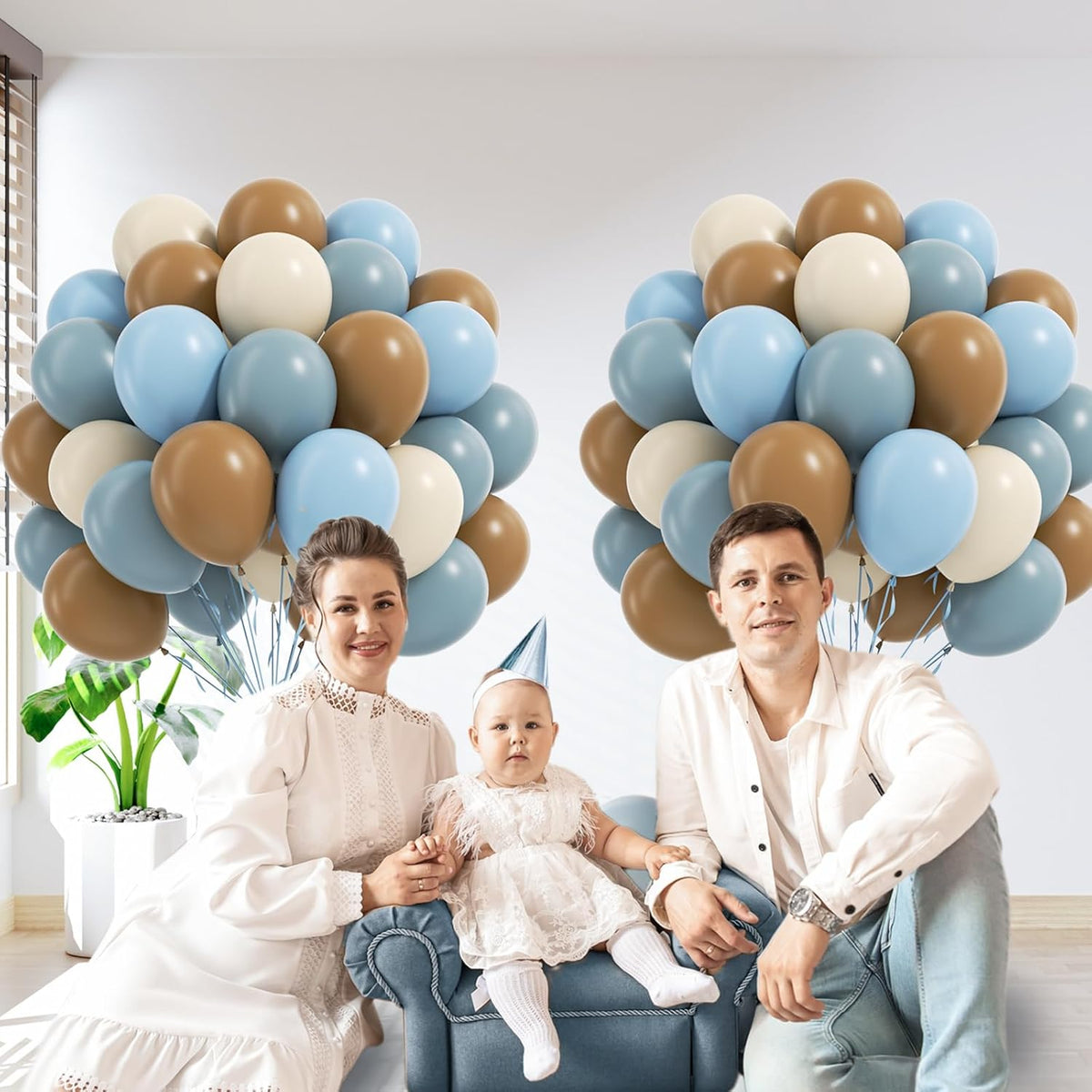 60pcs Blue and Brown Balloons 12inch with Brown Dusty Pastel Blue Sand White Balloons for One Sweet