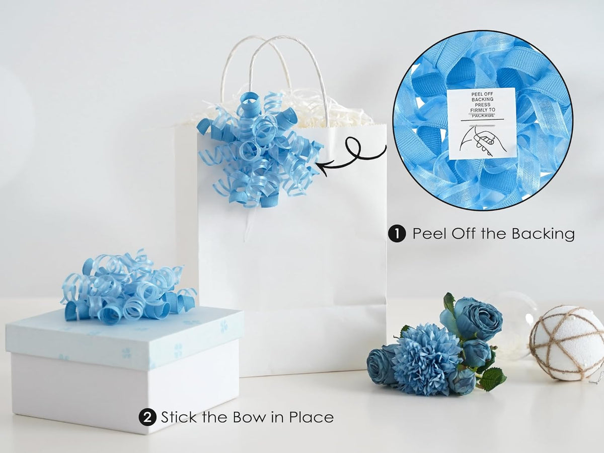 HUIHUANG Blue Bows for Gift Wrapping Baby Blue Gift Bows 5 inch x 8 Counts Self-Adhesive Curly