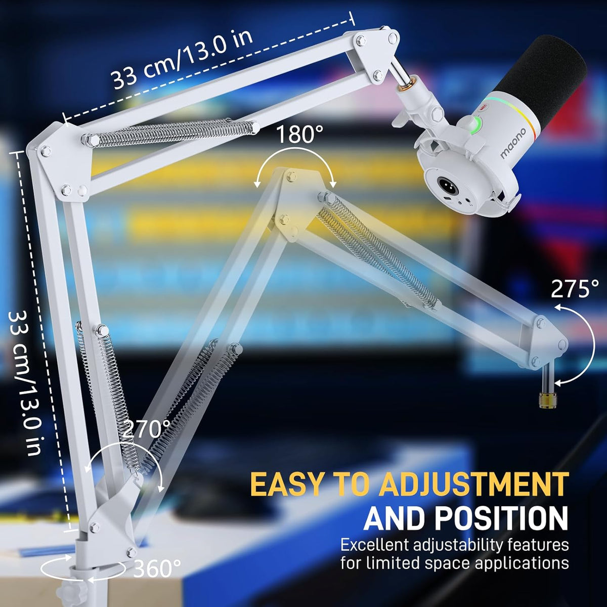 MAONO Boom Arm Microphone Stand: Adjustable Metal Suspension Mic Boom Arm for Podcasting Gaming