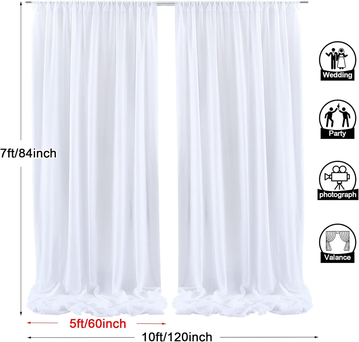 PARTISKY 10x7ft White Chiffon Backdrop Curtains (2 Panels 5x7ft Each) - Wrinkle-Free Sheer Fabric