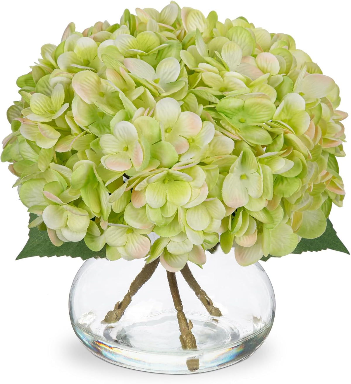 Hollyone Hydrangea Artificial Flowers with Glass Vase Green Silk Faux Flowers Arrangements in Vase