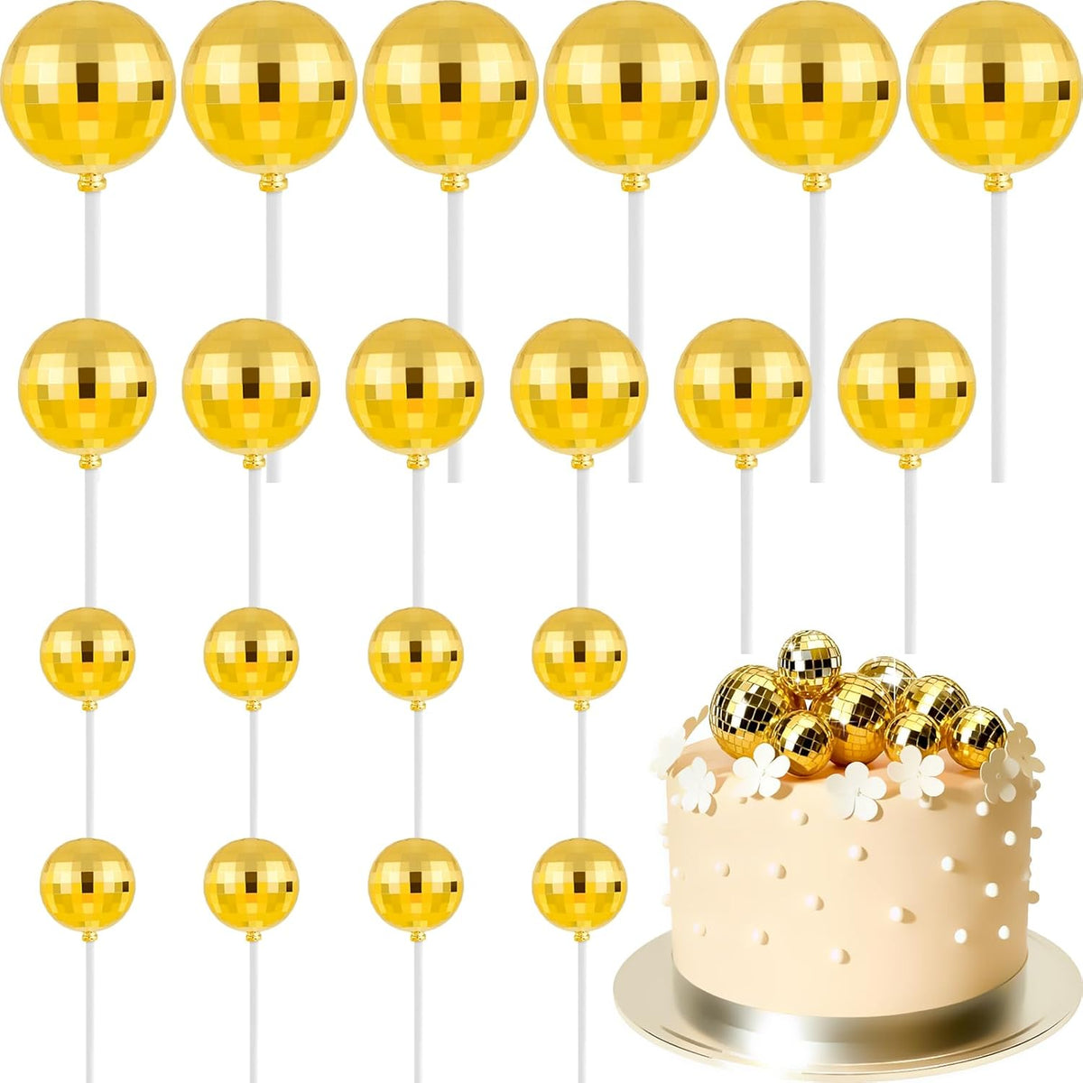 ASTARON 20 Pcs Disco Ball Cake Topper Decorations Sticks Gold Cake Balls Picks Toppers for Birthday