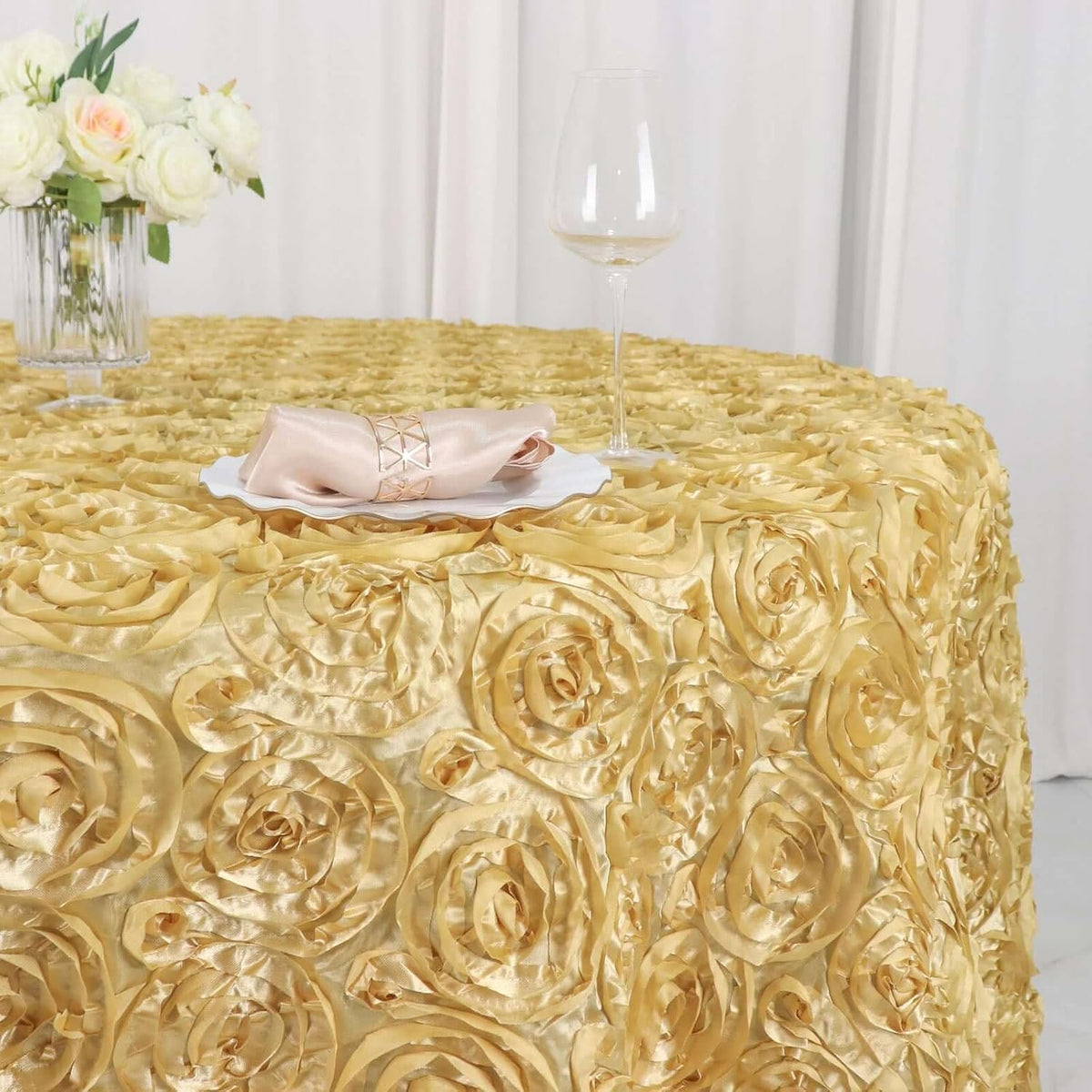 Efavormart 120" Wholesale Round Table Cover Champagne Grandiose Rosette 3D Satin Tablecloth for