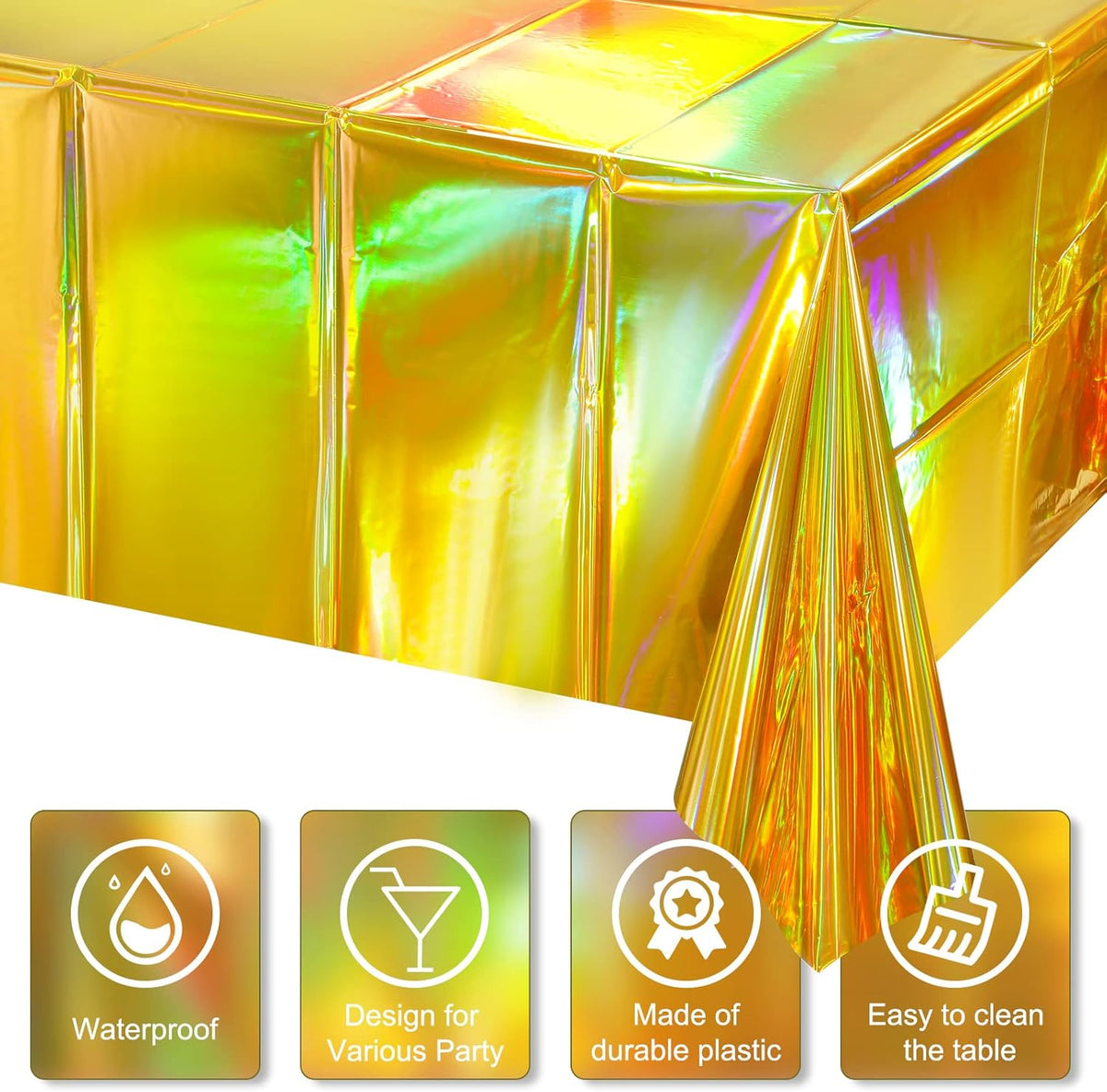8 Pack Gold Iridescent Plastic Tablecloths Shiny Disposable Laser Rectangle Table Covers