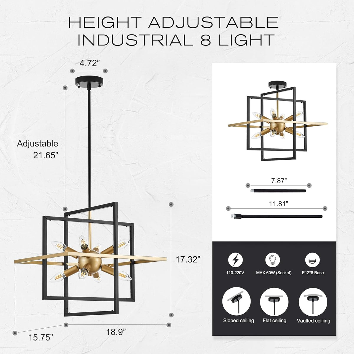 18.9'' Black Gold 8-Light Sputnik Chandelier Modern Industrial Adjustable Hanging Geometric Pendant