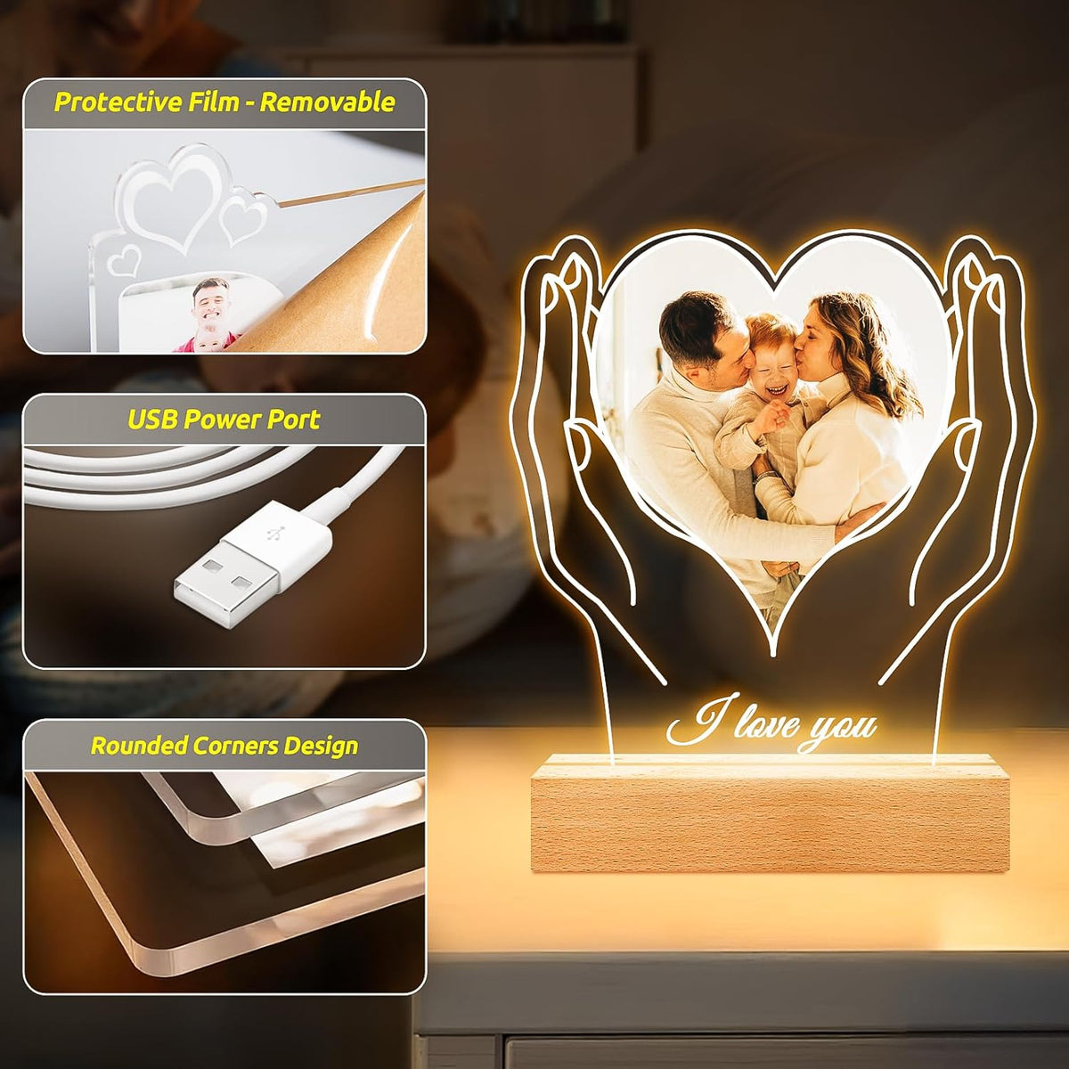 Custom Picture Frame with Photos, Customized Acrylic Plaque Photo Frames with Night Light