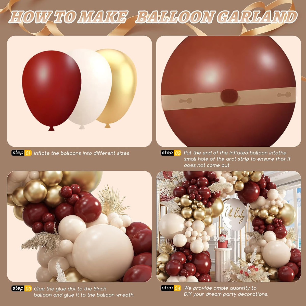 Burgundy Balloon Garland Arch Kit,412Pcs Burgundy and Sand White Metallic Gold Balloons for Wedding