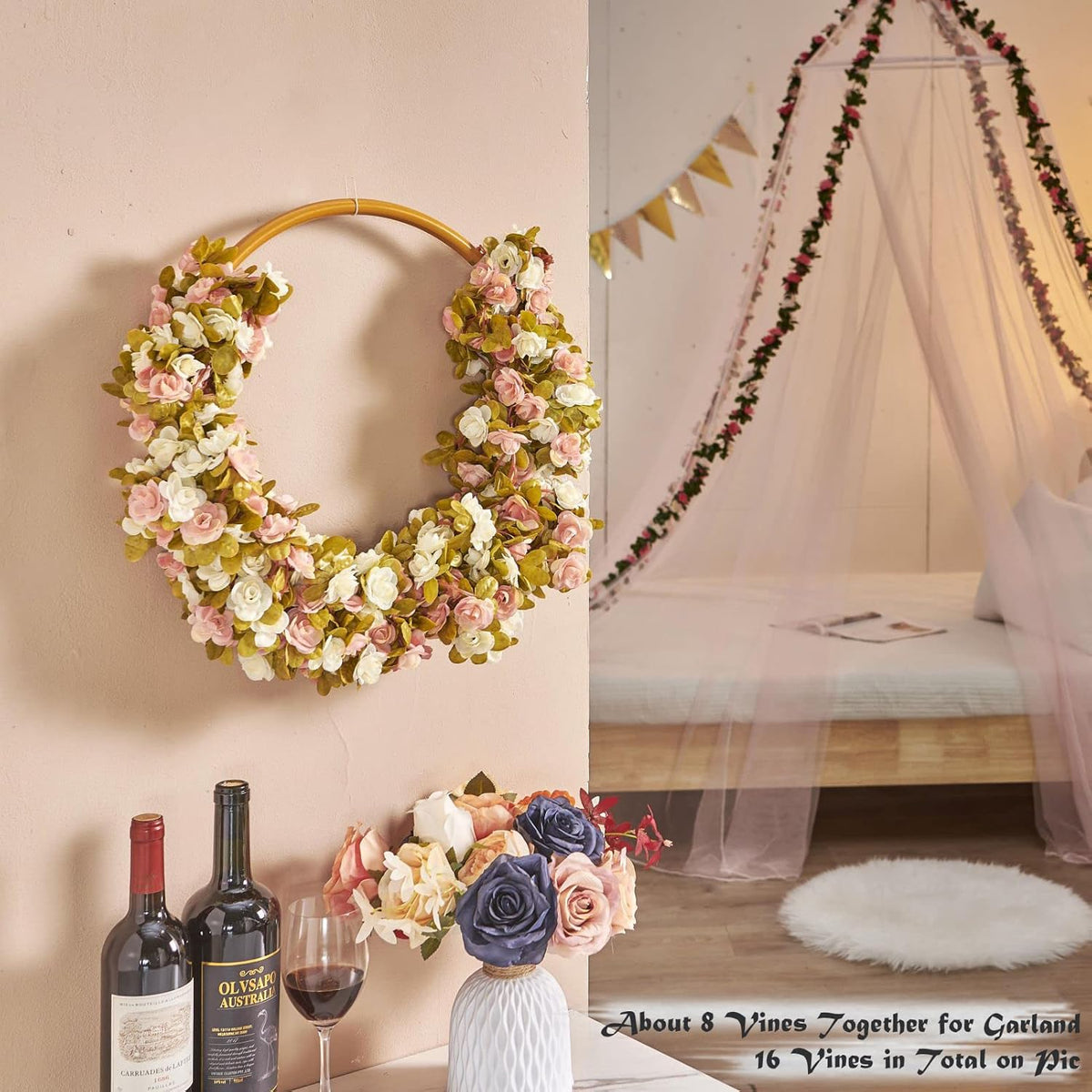 6 Pcs x 8.2 ft Flower Garland Artificial Rose Vine Flowers with Green Leaves Hanging Fake Roses
