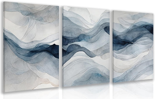 IAFWZX Framed Blue Gray Abstract Wall Art, Modern Minimalist Waves Wall Decor, Neutral Watercolor