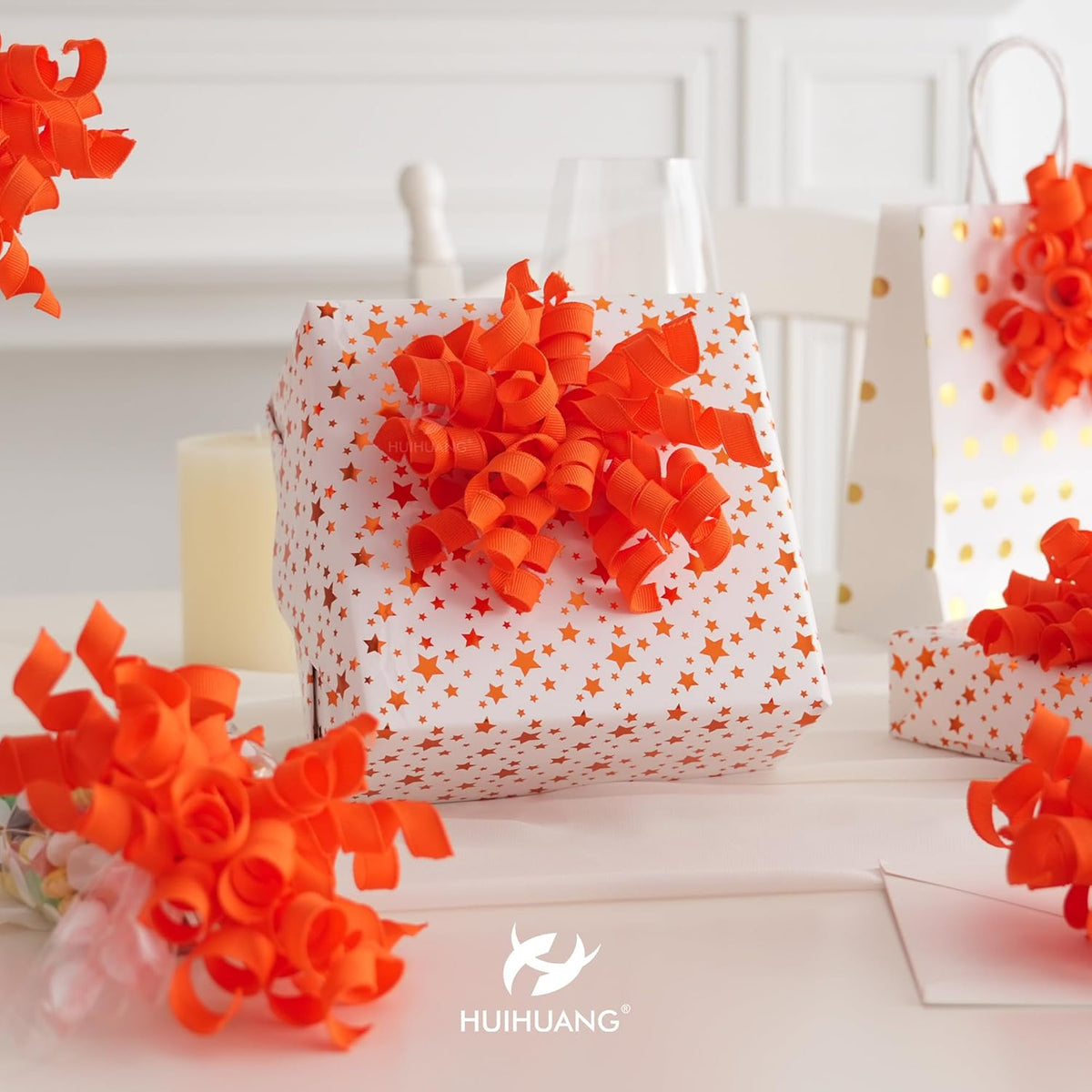 HUIHUANG Curly Ribbon Bows for Gift Wrapping, Orange Gift Bows Self Adhesive Burst Gift Bows for