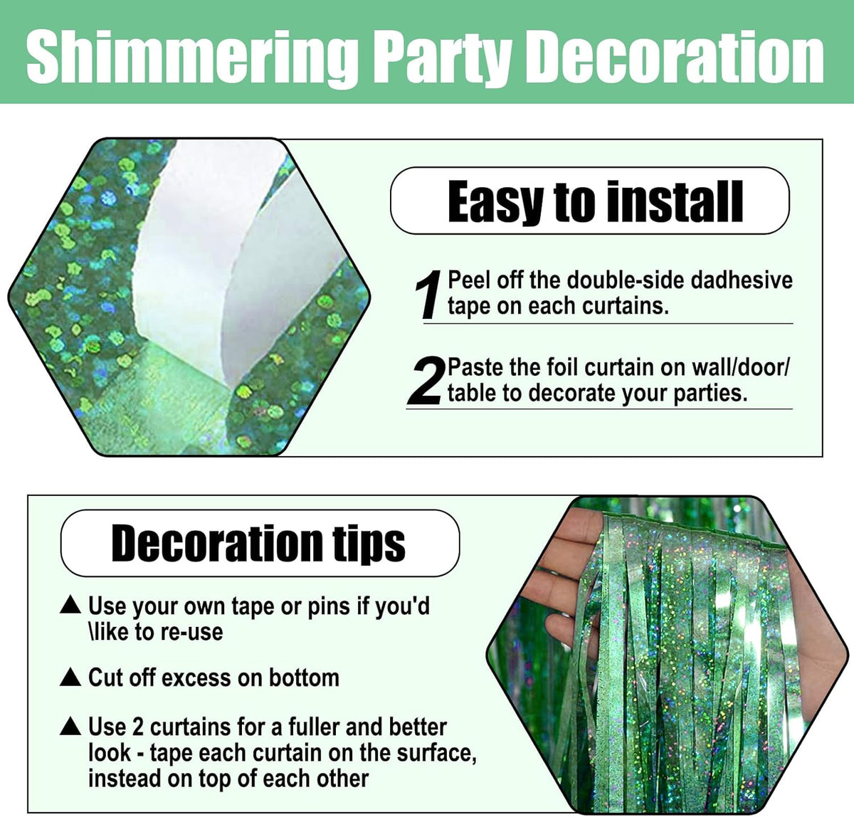 3 Pack Light Green Foil Fringe Curtain Backdrop, 3.28Ft x 8.2Ft Metallic Tinsel Foil Fringe