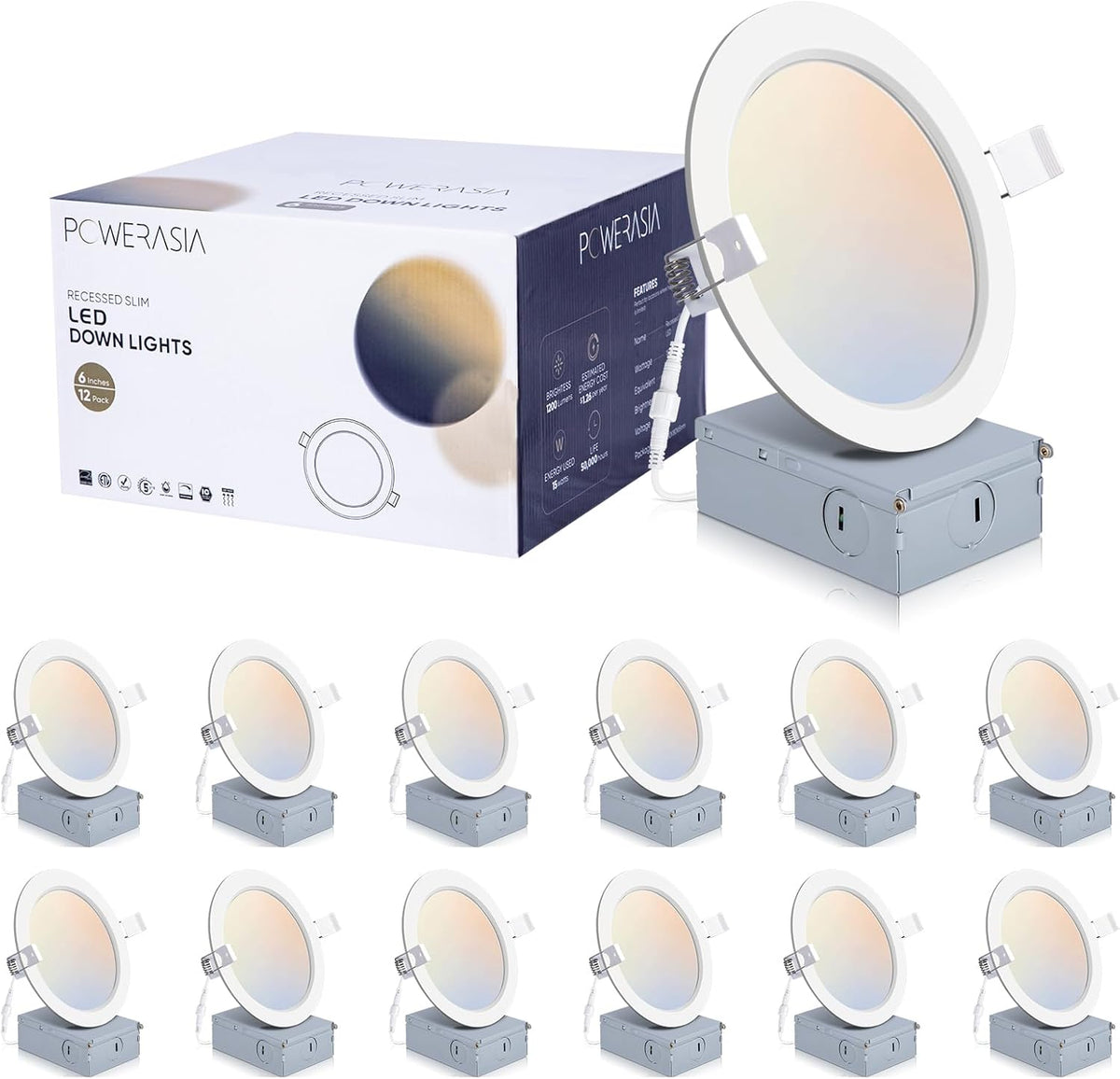 12 Pack 6 Inch Ultra-Thin LED Recessed Ceiling Light with Junction Box, 5CCT Dimmable