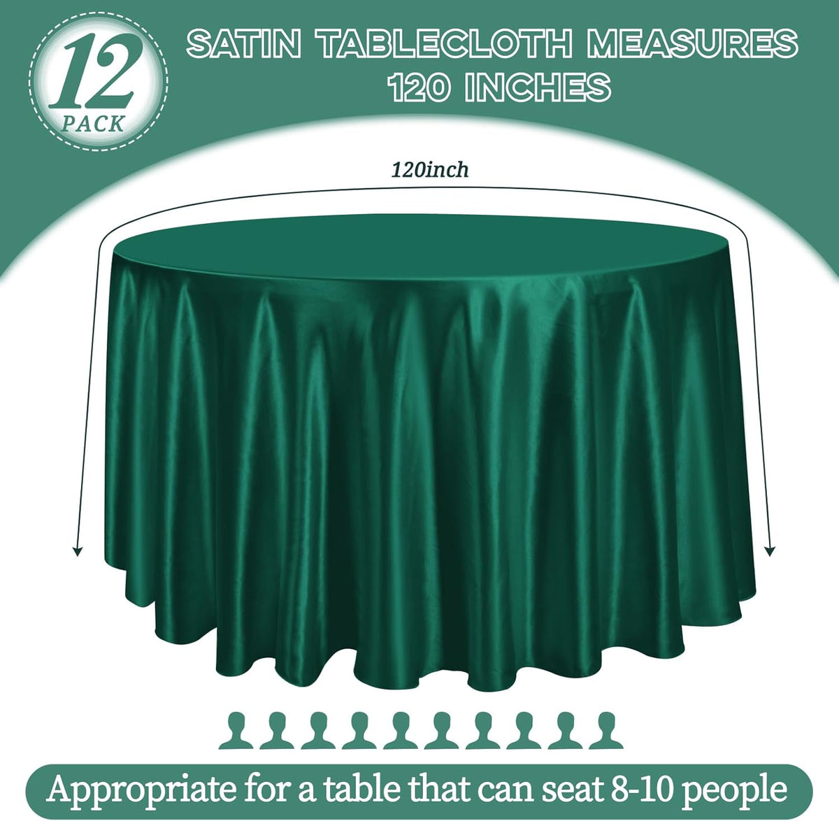 12 Pack 120 Inch Hunter Green Satin Tablecloth - Premium Bright Silky Round Tablecloth Overlay
