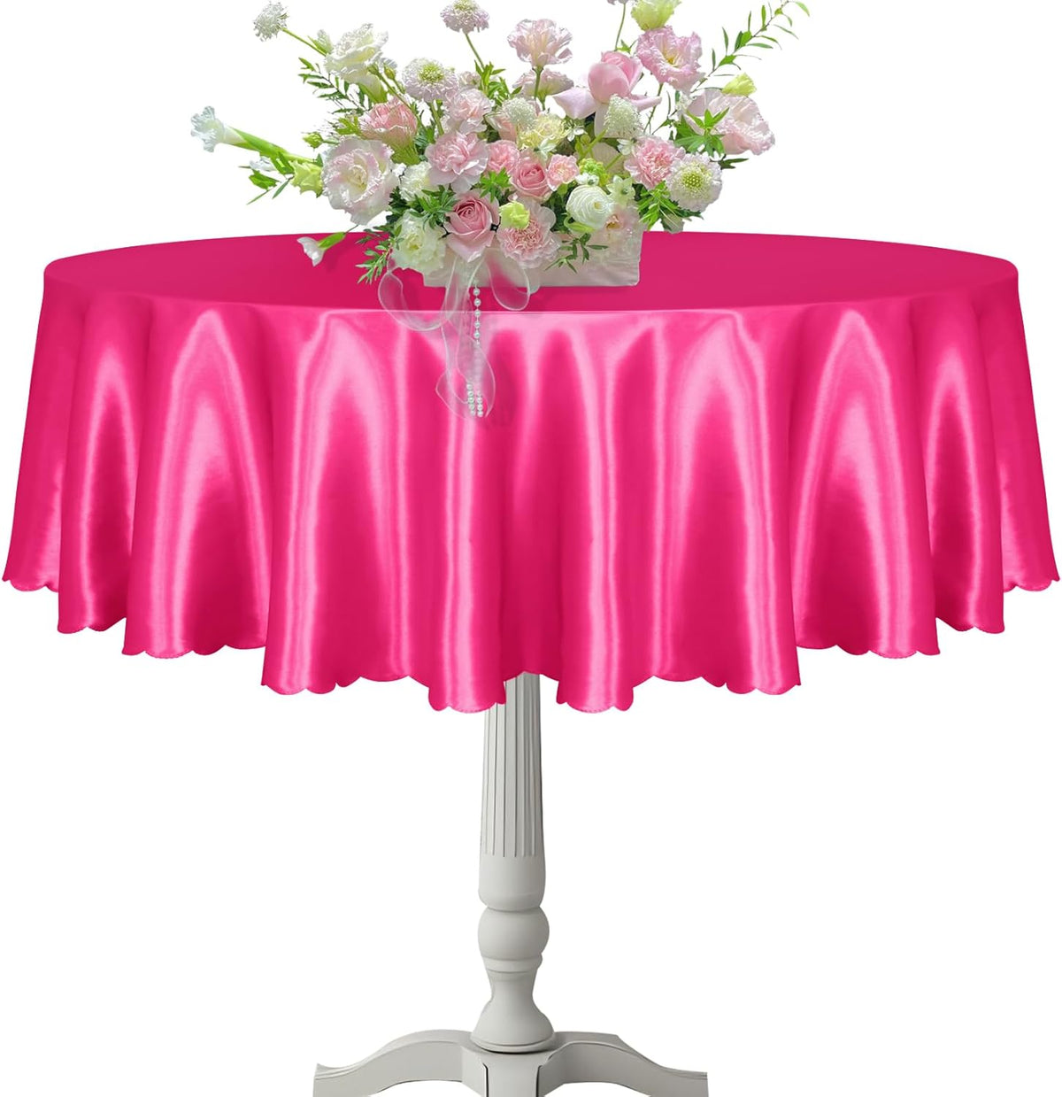 KKJIAF 1 Pack 60 Inch / 5ft Round Table Cloth, Hot Pink Overlay Round Satin Table Cover, Silky