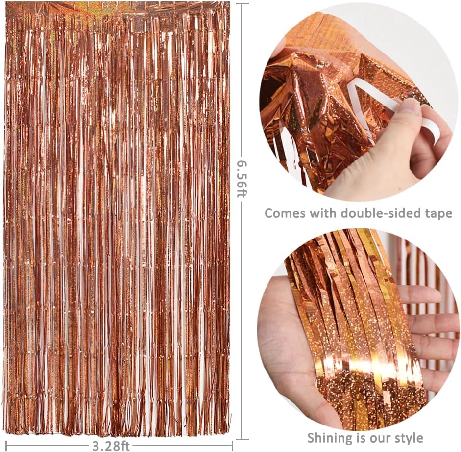 TONIFUL 3Pcs Laser Rose Gold Door Streamers,Laser Rose Gold Photo Booth Backdrop Metallic Streamers
