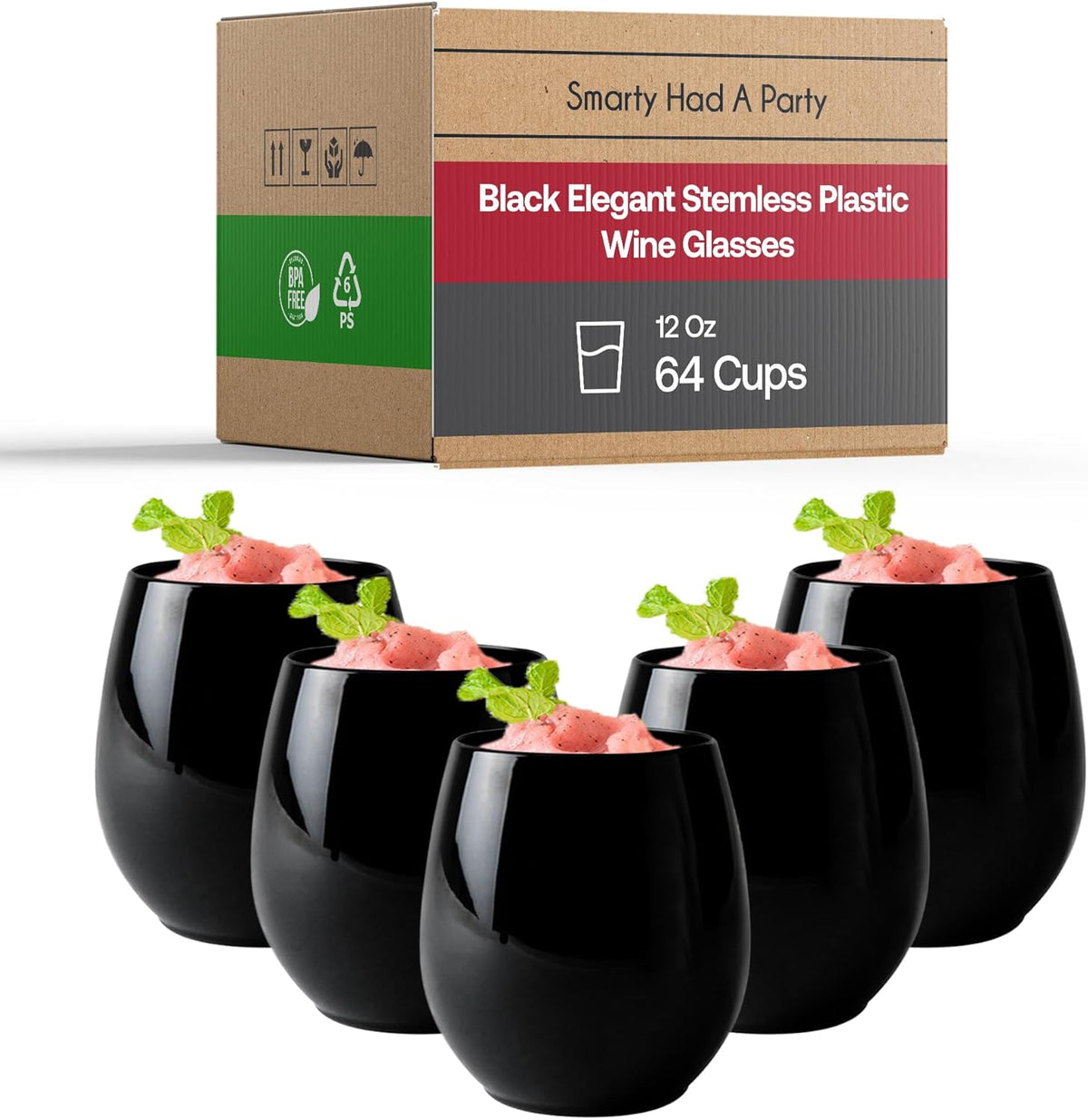 Smarty Had A Party 12 oz Black Disposable Stemless Wine Glasses (64) – Fancy Plastic Cups for