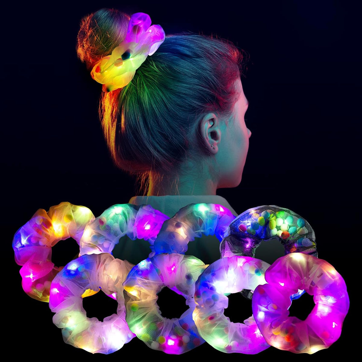 8 LED Scrunchies - Light Up Hair Accessories for Women, Girls - Glow in the Dark Hair Ties & Bands