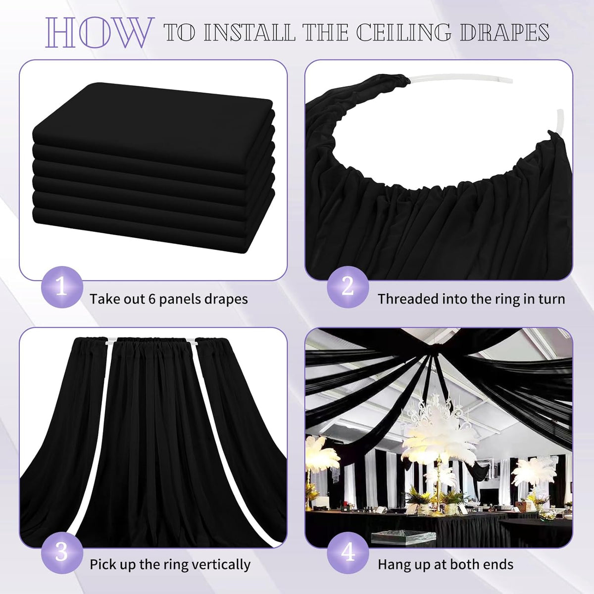 6 Panels Black Ceiling Drapes for Wedding 5ftx10ft Chiffon Fabric Arch Draping Curtains Sheer