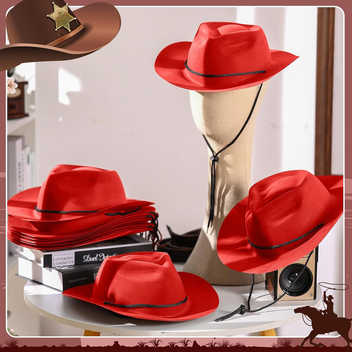 Mepase 24 Pieces Disposable Plastic Western Cowboy Hat Set Felt Wide Brimmed Cowgirl Hats for Men
