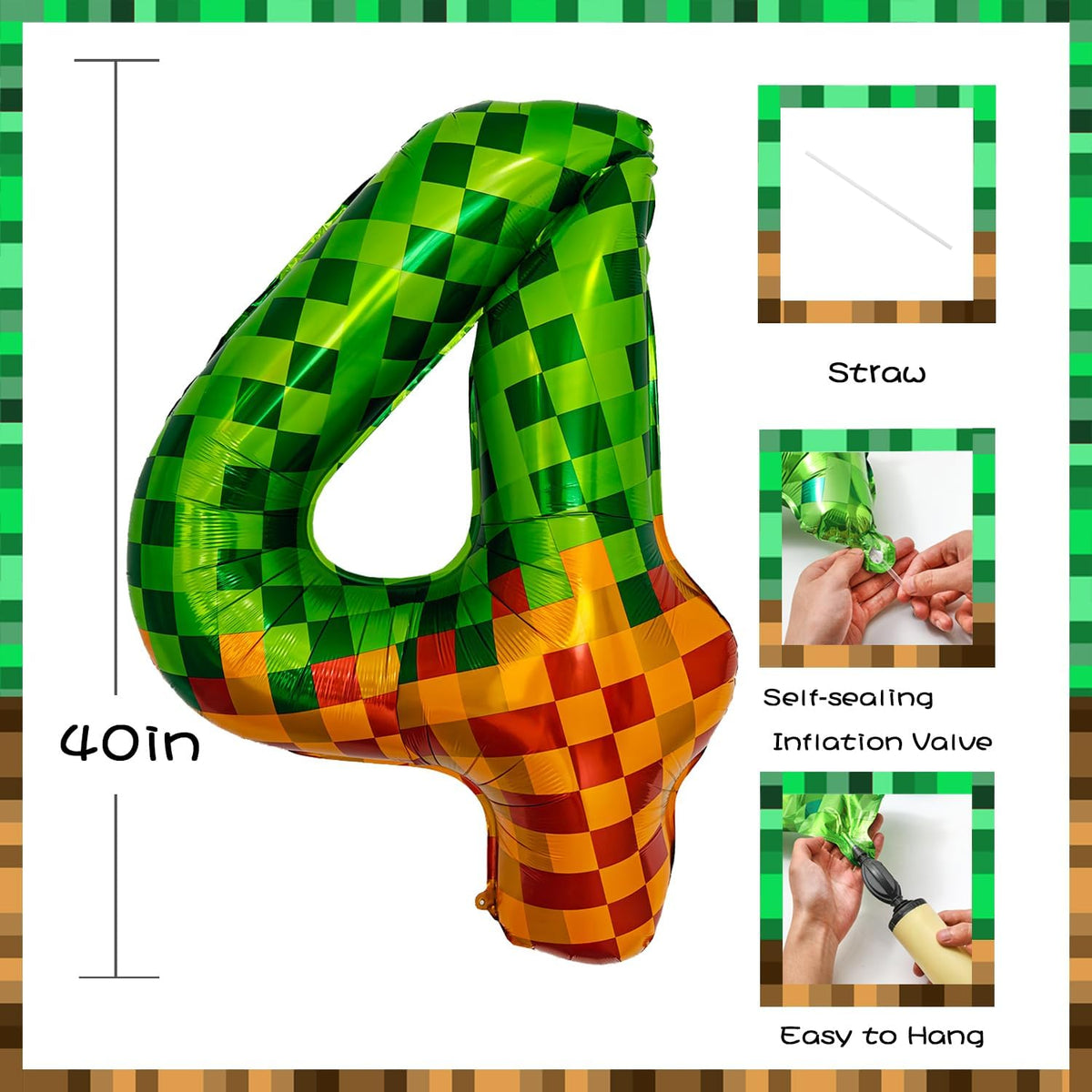 Pixel & TNT Theme 40in Giant Number Balloons - Foil Mylar Birthday Party Decorations for Kids