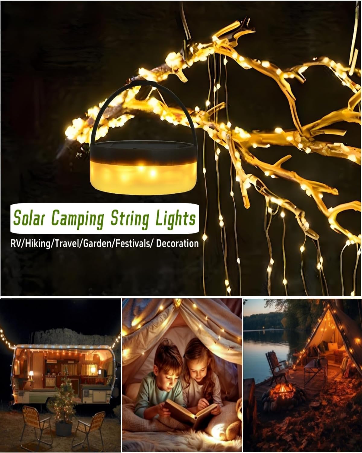 Solar Camping String Lights, 32.8FT Fairy String Lights 130LEDs, 4 In 1 Portable Waterproof Camp