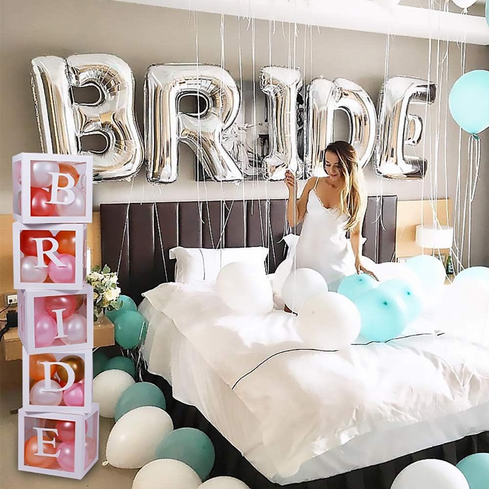 96 PC Bridal Shower Decorations Balloon Boxes White- Transparent Block with BRIDE TO BE + GROOM + A