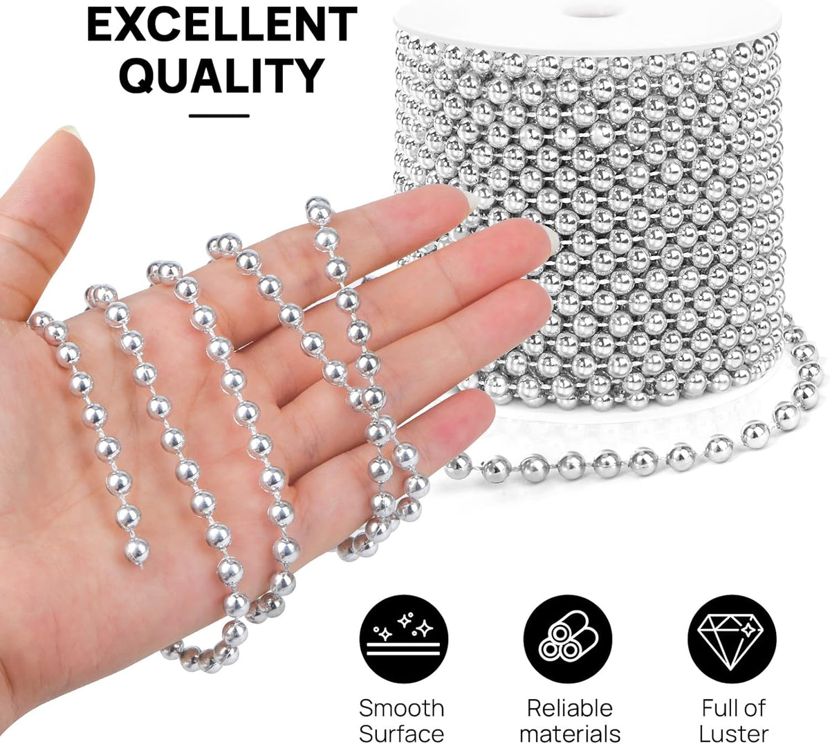Craft String Pearls 6MM Pearl Bead, 66 Feet Silver Faux Pearl Garland Spool Roll Strand Wedding