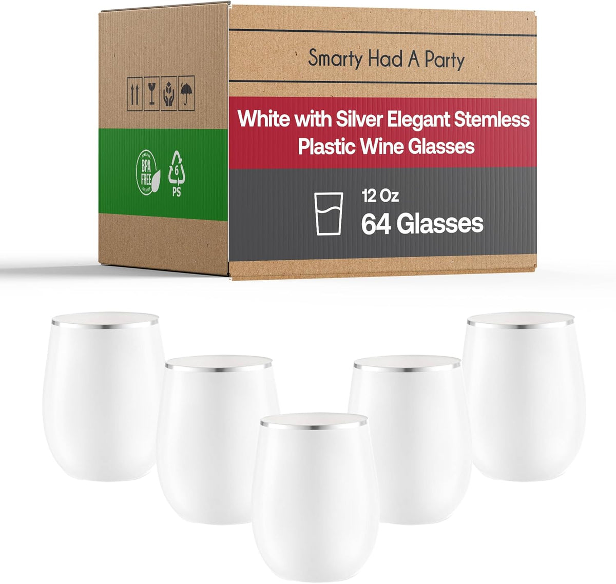 Smarty Had A Party 64 White with Silver Elegant Stemless Plastic Wine Glasses, 12 oz Disposable