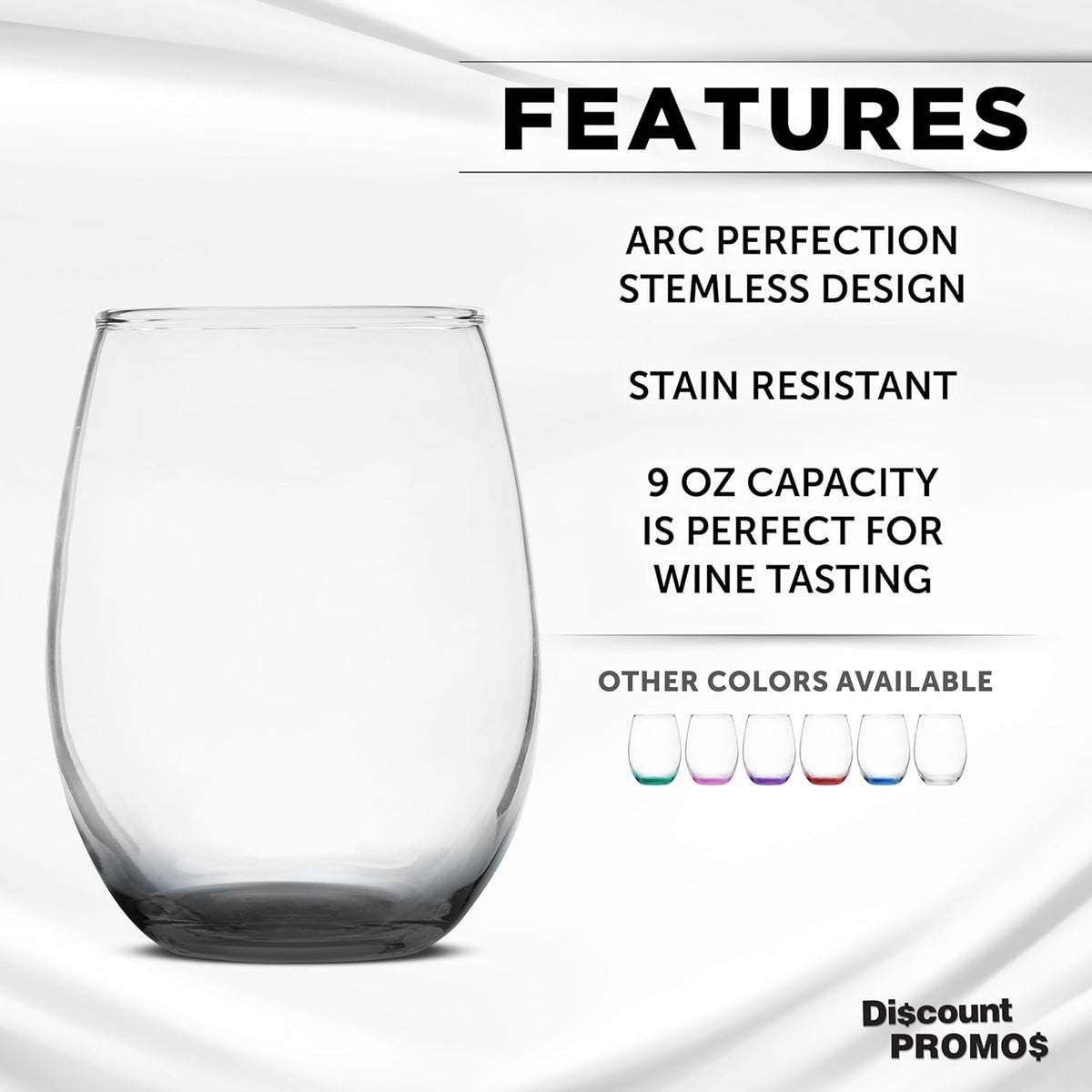 DISCOUNT PROMOS Stemless Wine Glass 9 oz. Set of 10, Bulk Pack - Great for Wedding Favors