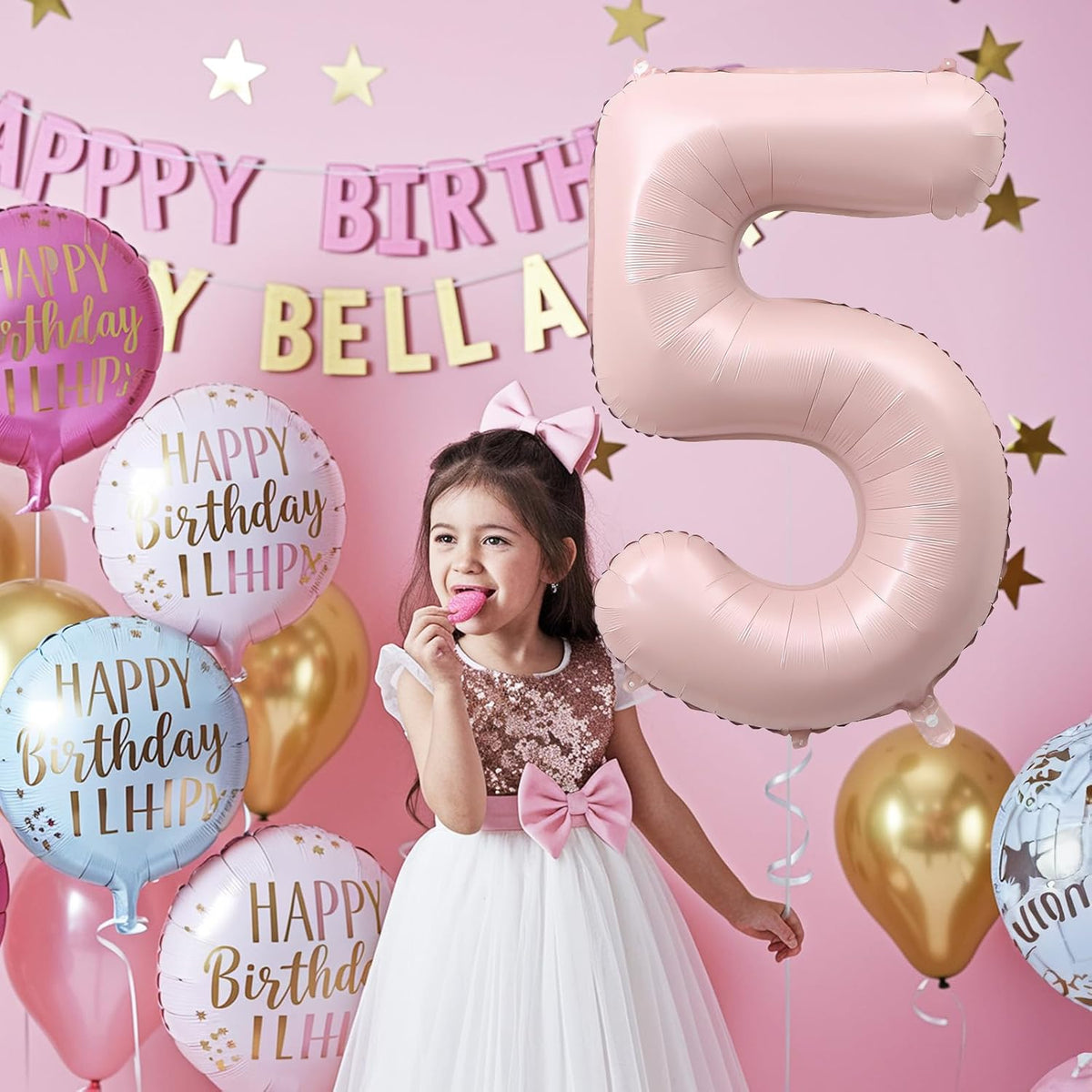 Light Pink Number Balloon 5, 40 Inch Large Self Inflating 5 Foil Number Balloons 0-9, Blush Pastel