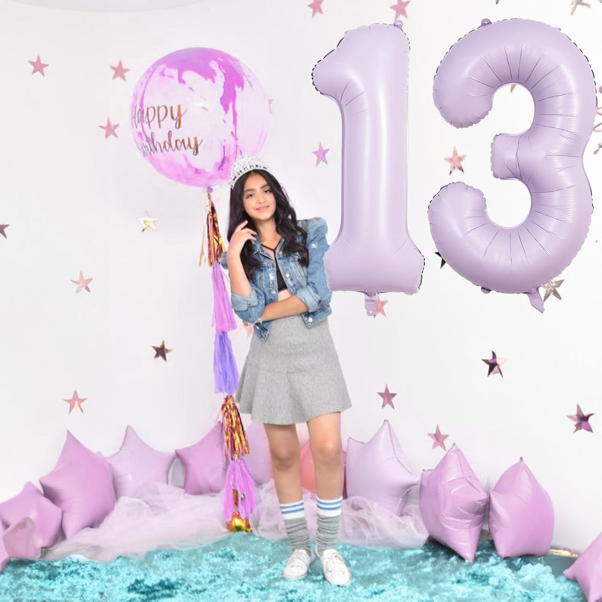 Number Balloons 13 Pastel Purple, 40 Inch Lavender Mylar Foil Number 1 & 3 Balloons for Girls 13th
