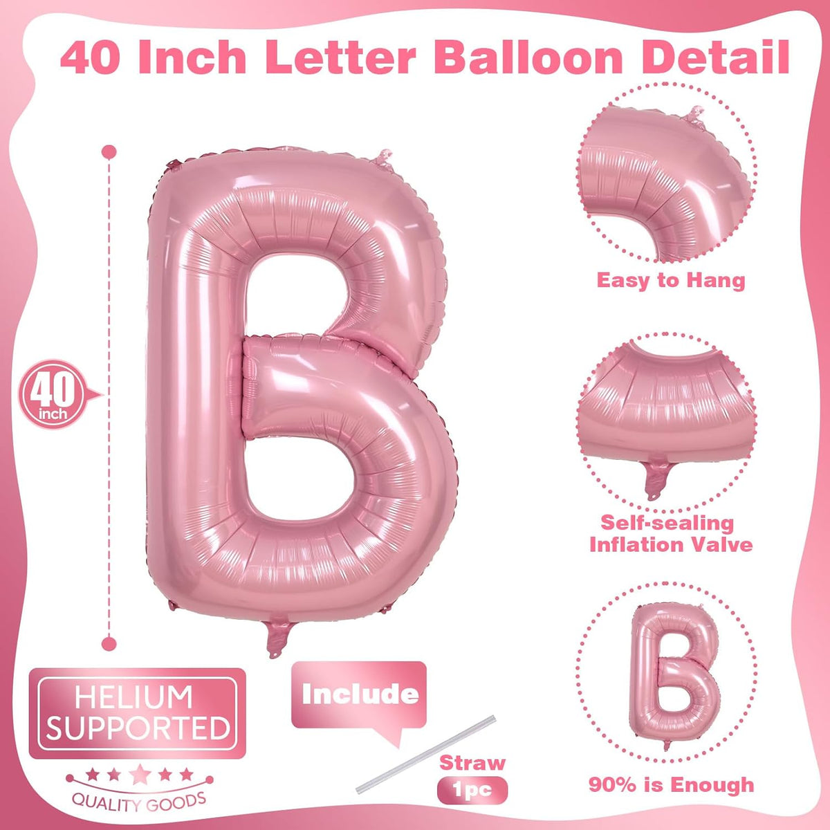 40 Inch Giant Pink Letter Balloon B, Foil Balloon Pastel Pink, Light Pink Helium Alphabet Balloon B