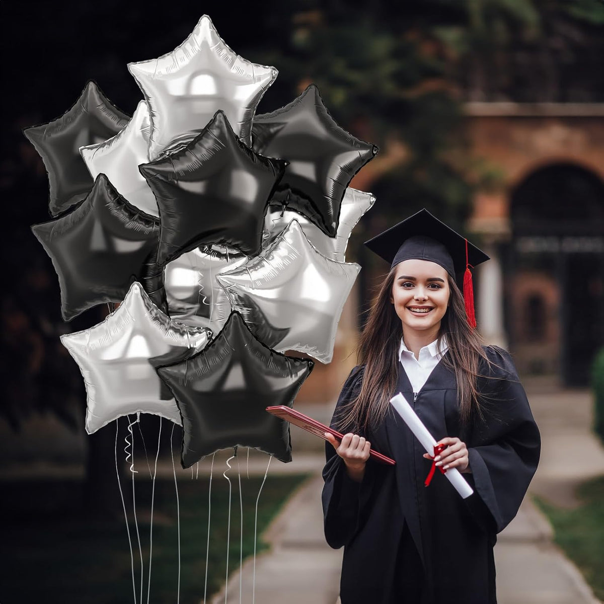 Black Silver Star Foil Balloons, 18 Inch Large Black and Metallic Silver Stars Shape Aluminum Foil