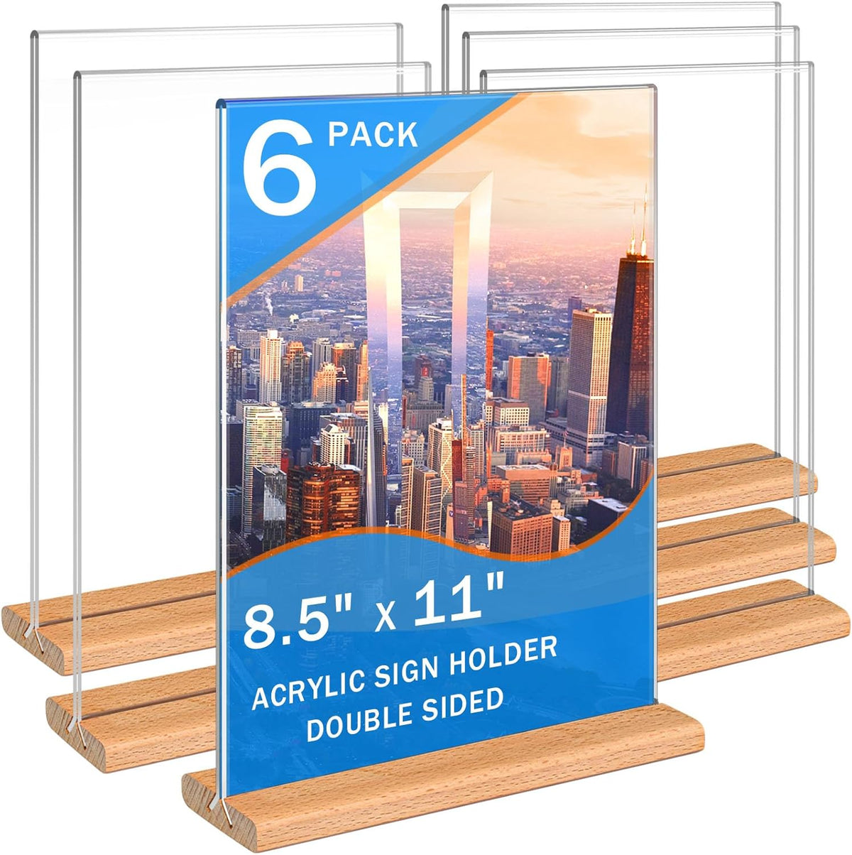 Kersally Acrylic Sign Holder 8.5 x 11, 6 Pack Double-Sided Clear Table Display Stands with Wood