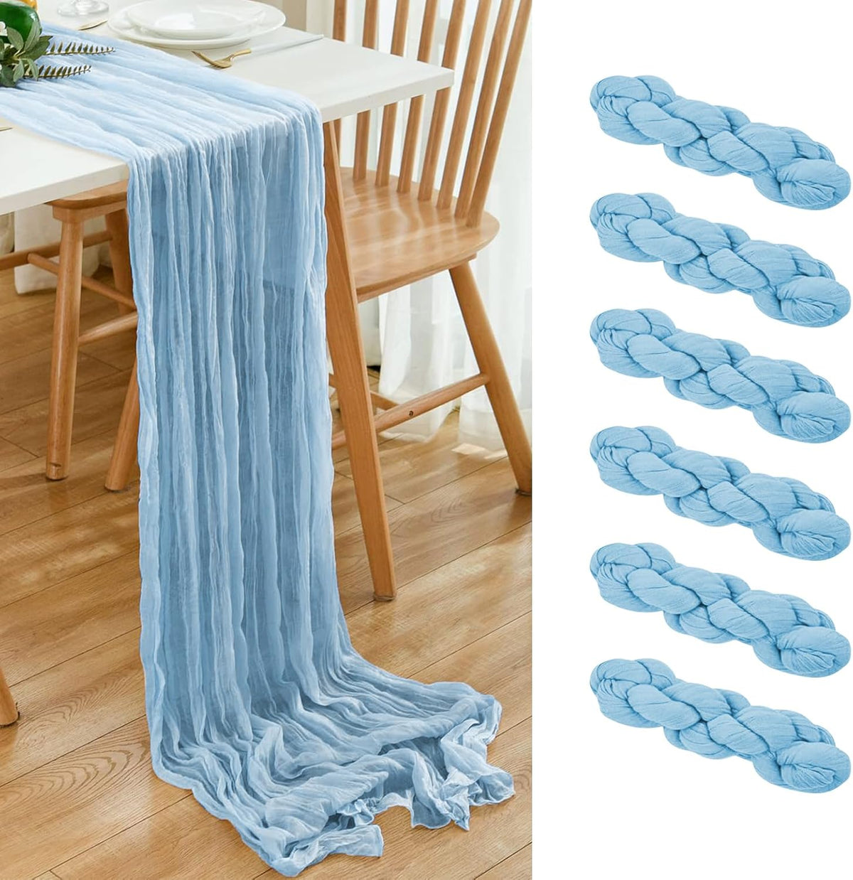 6 Pack Baby Blue Cheesecloth Table Runner 20x120 Inch Boho Wrinkled Sheer Romantic Gauze Decor for