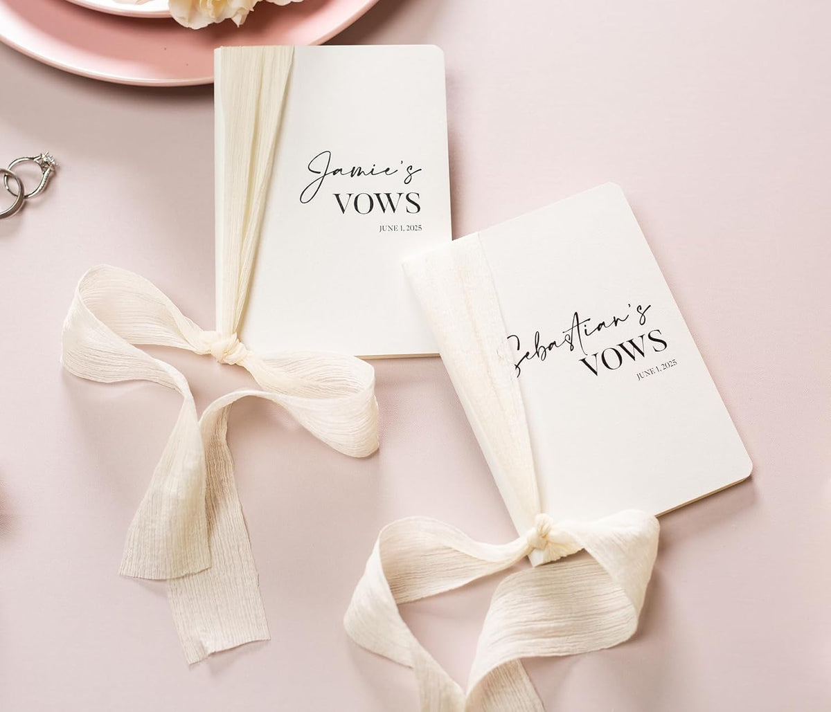 Modern Album Designs Set of Custom Slim White Vow Books w/Ribbon (Set of 2) - 5.625 x 4 Minimalist