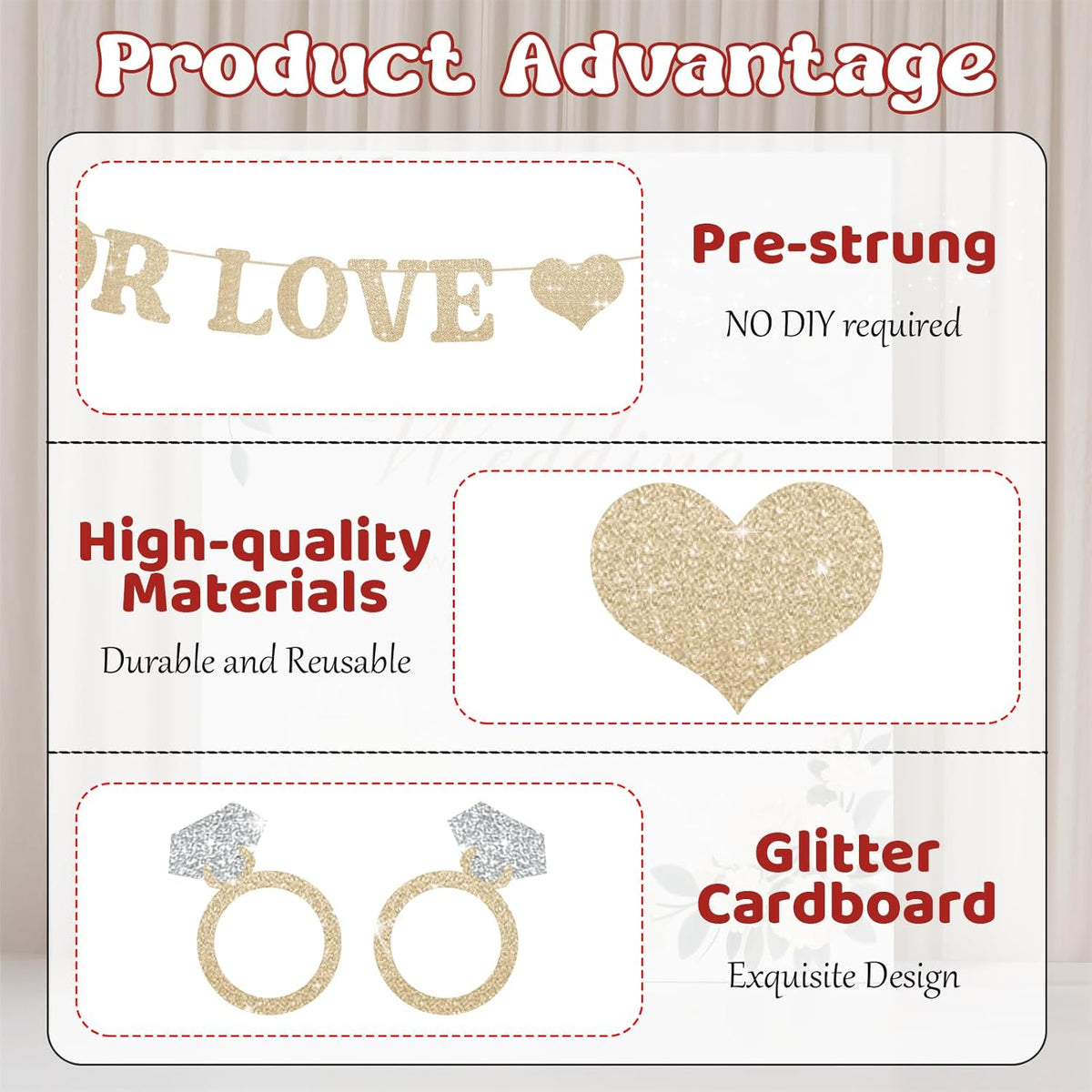 Wedding Decorations for Reception, Pre-Strung Bridal Shower Banner, Glitter For Love I Do
