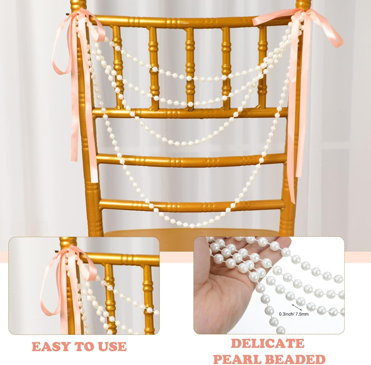 Wedding Pearl Bow Chair Decor Satin Ribbon Bows with Pearl Beaded String Garland Aisle Chair Sashes