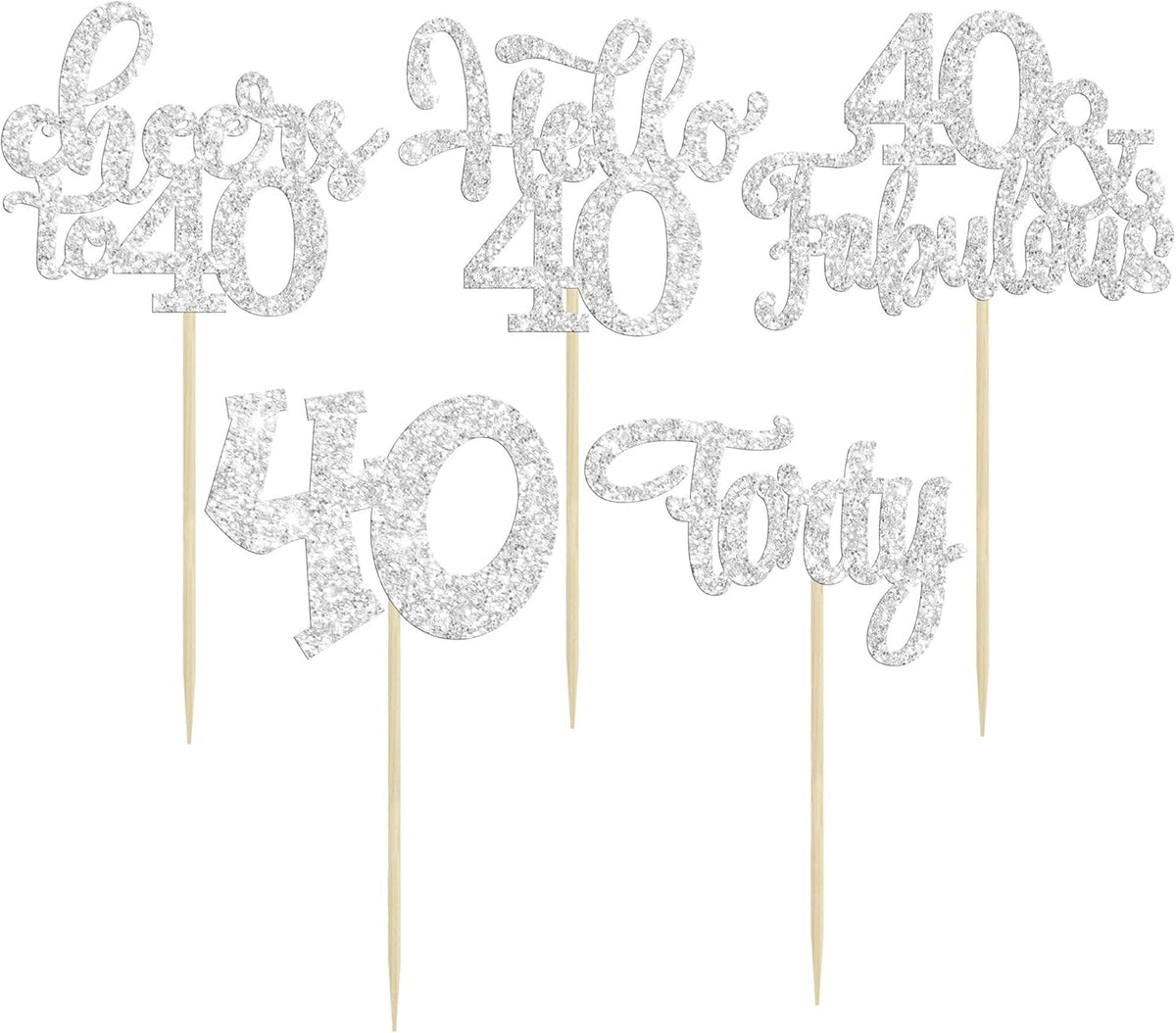 30pcs Happy 40th Birthday Cupcake Toppers - Silver Glitter Forty Cheers to 40 Years Old Cupcake