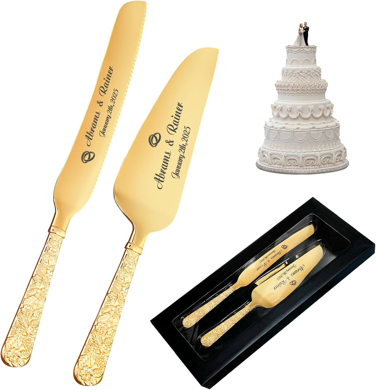 HJX Personalized Wedding Cake Knife and Server Set - Custom Name Engraved Cutting Set with Elegant