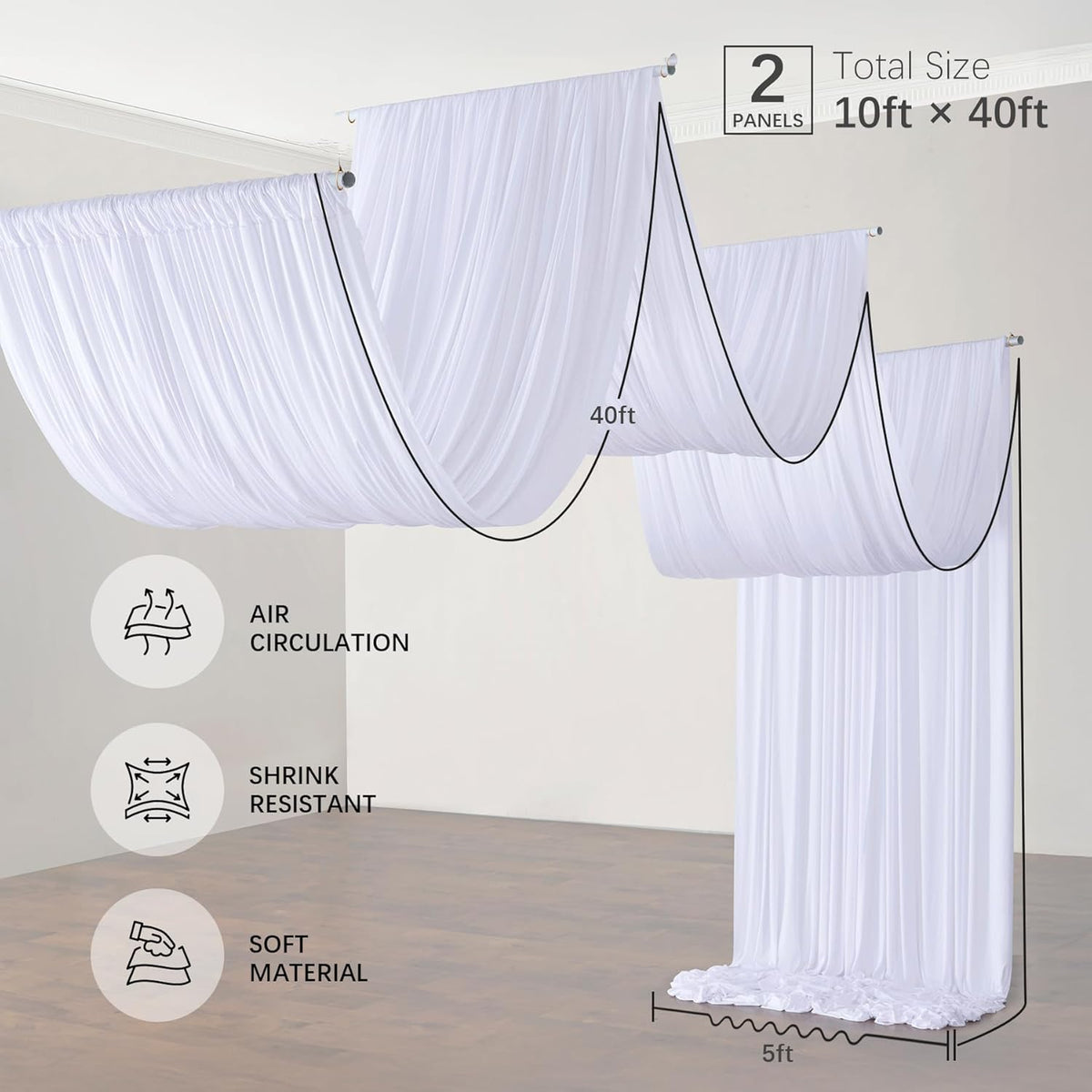 PartyVillage 10ftx40ft White Ceiling Curtain for Wedding Parties – 2 Panels Wrinkle-Free 40 FT Long
