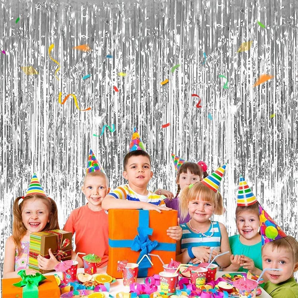 3Pcs Silver Metallic Tinsel Foil Fringe Curtains,3.2ft*8ft Silver Photo Booth Backdrop Streamer