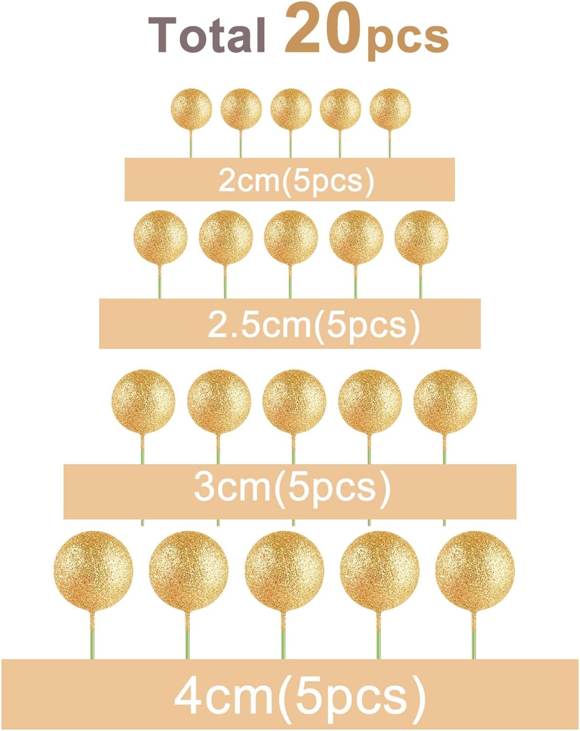 ASTARON 20 Pcs Mini Balloons Cake Topper Sticks - Glitter Gold Ball Picks for Christmas Birthday