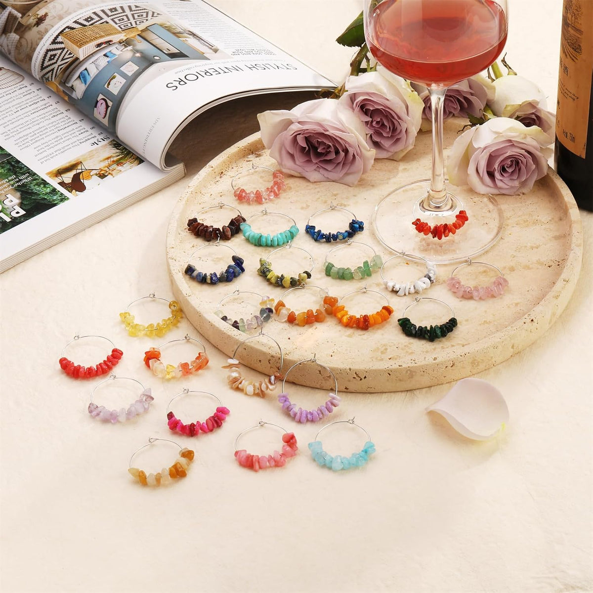 Pride & Par 24 Pcs Nature Gemstone Beads Glass Charms for Stem Glasses, Wine Glass Decoration for