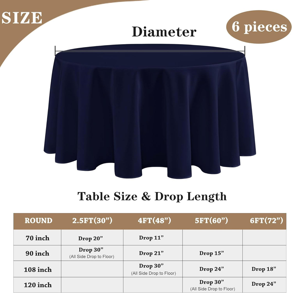 Fitable 6 Pack Navy Round Table Clothes - 70 Inches in Diameter - Stain Resistant and Washable