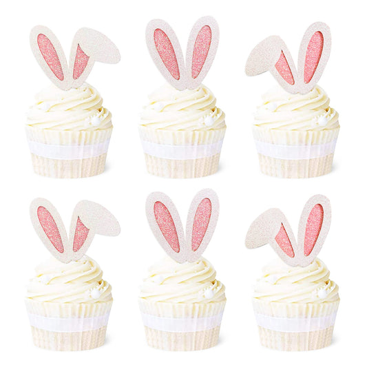 Ercadio 24 Pack Easter Bunny Ear Cupcake Toppers Glitter Pink Rabbit Ears Cupcake Picks Easter