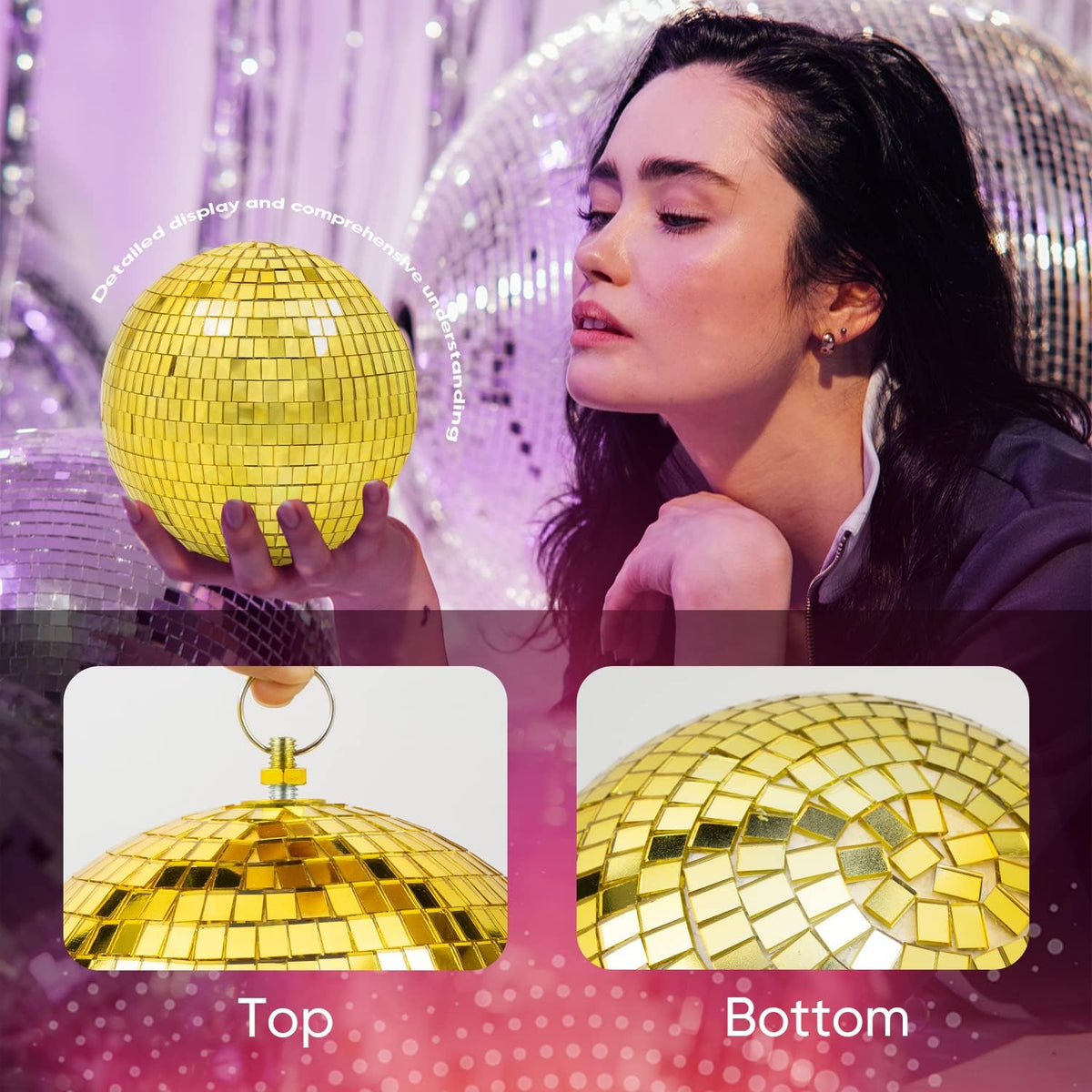 Mirror Disco Ball Decor with Hanging Ring: 8 Inch Large Gold Disco Ball Ornaments - Hanging Party