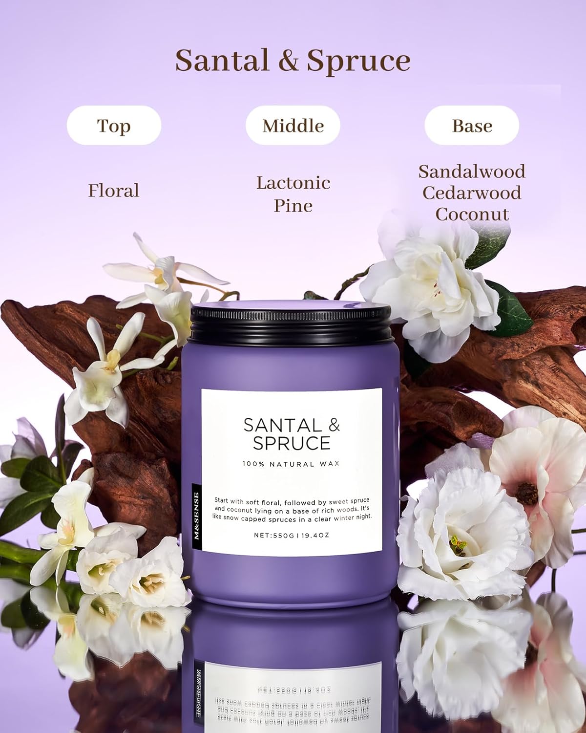 M&SENSE Santal Spruce Coconut Soy Candles for Home Scented, 19.4oz 110 Hour Slow Burning Large