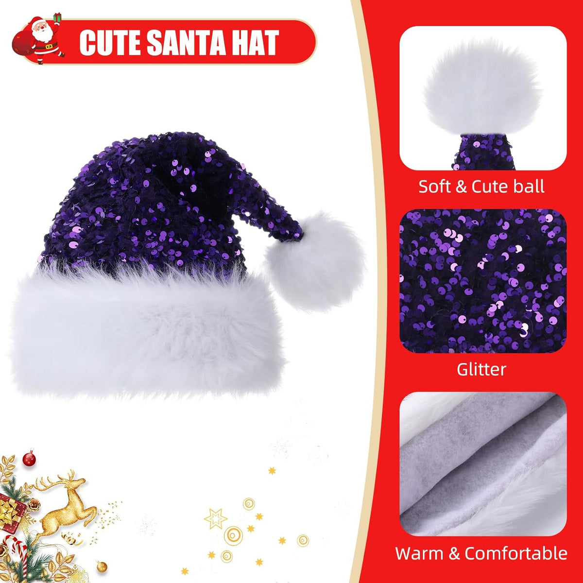 Personalized Sequin Santa Hat for Adults, Red Glitter Christmas Party Hat, Xmas Halloween New Year