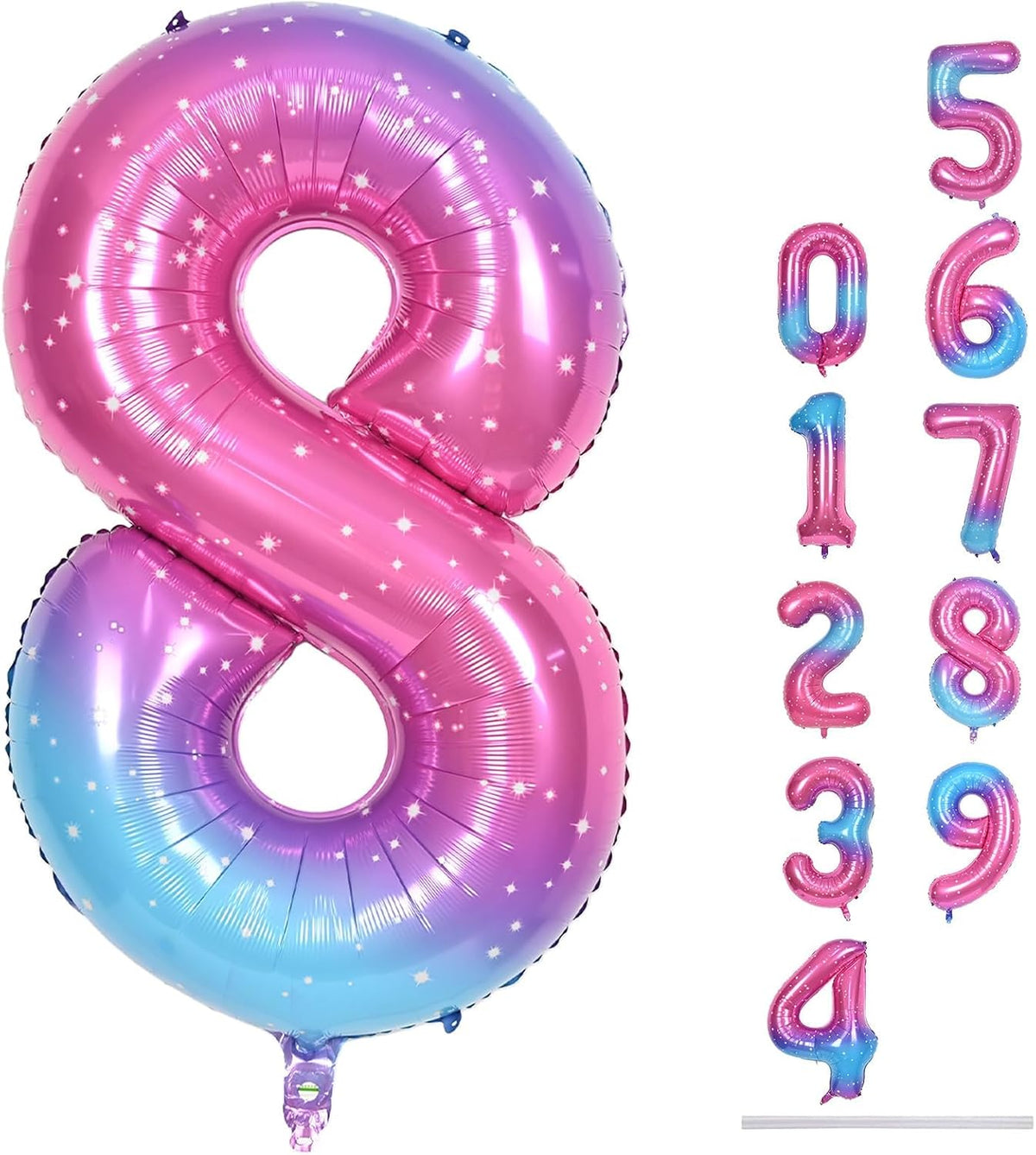 40 Inch Rainbow Foil Balloon Number 8, Giant Self Inflating Gradient Blue Pink Number Balloons 0-9